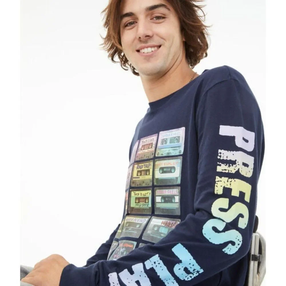 Aeropostale Long Sleeve Press Play Cassettes Graphic T-Shirt Mens M Womens L